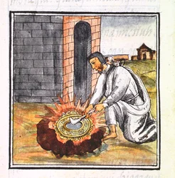 Ms Palat. 218-220 Buch IX Ein Europäer bei der Herstellung eines Reliquiars, aus dem 